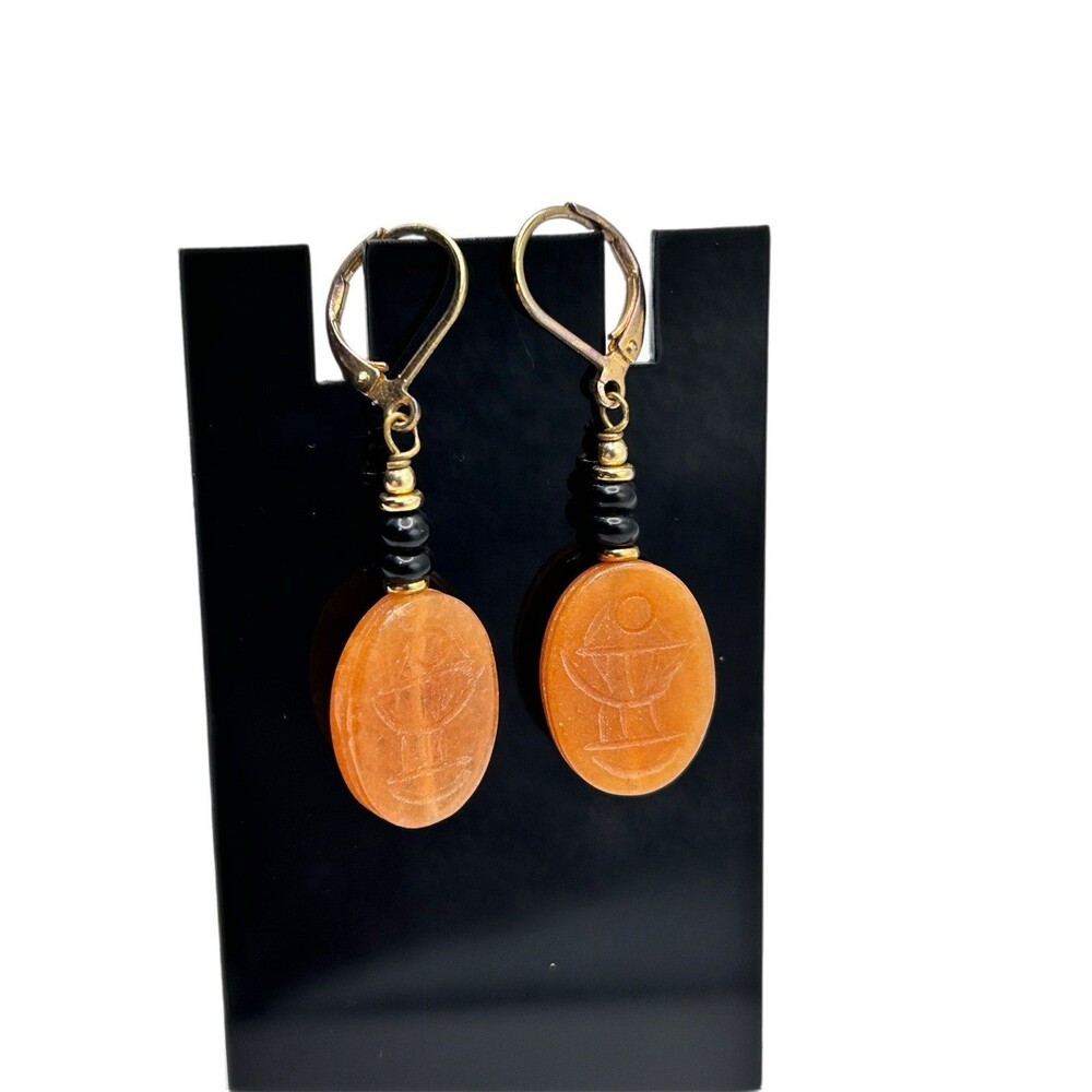 Vintage Egyptian Revival Scarab Carved Stone Dangle Earrings Gold Tone